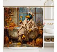 Autumn Duck Shower Curtain, Colorful Fall Leaves Bathroom Decor, Cozy Seasonal Art Style Waterproof Fabric Shower Curtain with Hooks 72x72 Inch