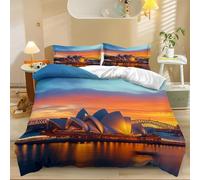 Autumn Duvet Cover Bedding Set King Halloween Duvet Cover Set with 2 Pillowcases Soft Microfiber Sydney Opera House At Sunset LightweightEasy-Care,Soft Gold
