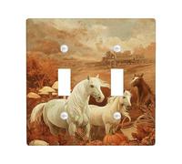 Autumn Equine Light Switch Cover Plates/Outlet Covers, Rustic Brown Horses and Pumpkins for Home Decor, Thermoplastic Wall Plates, Standard Size Double Toggle