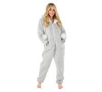 Autumn Faith Ladies All in One Pyjamas Faux Fur Hood Fleece Sleep Suit PJs Grey Sherpa - M