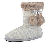 Autumn Faith Ladies Grey Knitted Fairisle Bootie Slippers with Faux Fur Pompoms - UK 3