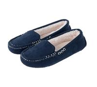 Autumn Faith Ladies Microsuede Moccasin Slippers Traditional Microsuede Faur Fur Lined Navy 7 UK