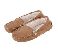 Autumn Faith Ladies Microsuede Moccasin Slippers Traditional Microsuede Faur Fur Lined Tan 4 UK