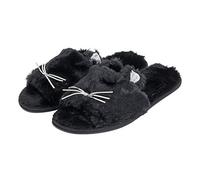 Autumn Faith Ladies Sliders Kitty Cat Novelty Womens Slippers Black Faux Fur Upper Silver Whiskers 3D Glitter Ears Non-Slip Hard Sole 5-6 UK