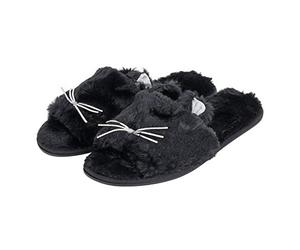 Autumn Faith Ladies Sliders Kitty Cat Novelty Womens Slippers Faux Fur Upper Silver Whiskers 3D Glitter Ears Non-Slip Hard Sole