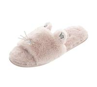 Autumn Faith Ladies Sliders Kitty Cat Novelty Womens Slippers Pink Faux Fur Upper Silver Whiskers 3D Glitter Ears Non-Slip Hard Sole 7-8 UK