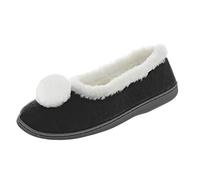 Autumn Faith Ladies Slippers Black Microsuede Upper White Fleece Lining Pom Pom Non-Slip Flexible Sole Womens 7-8 UK