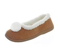 Autumn Faith Ladies Slippers Tan Microsuede Upper White Fleece Lining Pom Pom Non-Slip Flexible Sole Womens 3-4 UK