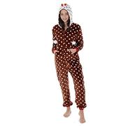 Autumn Faith Womens Christmas Pudding Fleece All in One Pyjamas with Hood Ladies Novelty PJs Jumpsuit Sleepsuit Xmas Nightwear Large UK 16-18