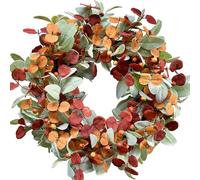 Autumn Fall Door Wreath, 45.7 cm, Artificial Eucalyptus with Orange and Burgundy Leaves, Autumn Wreath for Home Halloween Thanksgiving Decor
