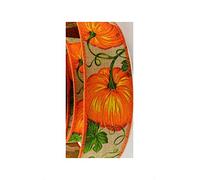 Autumn Fall Harvest Thanksgiving Wire Wired Edge Ribbon - Wreath Wedding Vintage (Cream Burlap with Orange Pumpkins and tendrils 1.5" Wide, 3m)