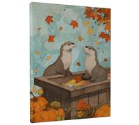 Autumn Fall Otter Canvas Wall Art, Grey Brown Watercolor Animal Print, Cute Wildlife Home Aesthetic Decor for Living Room, Bedroom, Wrapped Canvas 8x10 Inch
