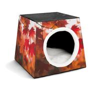 Autumn Fall Red Maple Leaves Cat Bed for Indoor Cats - Foldable Cat & Dog House with Removable Cozy Cushion, Waterproof Oxford Washable Pet House for Small Pets 13.8" X 13.8" X 11.8"