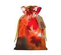 Autumn Fall Red Maple Leaves Christmas Gift Bags with Tags & Ribbon Ties, Xmas Drawstring Candy Treat Bag Christmas Gifts Sacks Reusable Gift Wrapping Bags for Holiday Party Favors Medium
