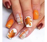 Autumn False Nails, Short Square Press on Nails with Glue, Orange 24Pcs in 12 Sizes - Fall Maple Leaf & Striped Designs Stick on Nails, Easy to Apply Removable Fake Nail Art for Women Daily