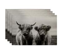 Autumn Farmhouse Highland Cow Placemats, Vintage Gray Rustic Animal Table Mats for Dining Room Kitchen, Non-Slip Washable Indoor Outdoor Holiday Decorative Placemats Set of 4
