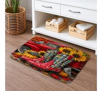 Autumn Farmhouse Quick Dry Bath Mat, Rustic Red Boots Sunflower Absorbent Non Slip Shower Mat, Fall Memory Foam Washable Bath Rugs for Bathroom Toilet Restroom Decorative 16x24 Inch