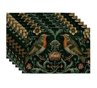 Autumn Floral Birds Placemats, Dark Green Nature Inspired Table Mats for Dining Room, Non-Slip Machine Washable Indoor Outdoor Decorative Mats Set of 6