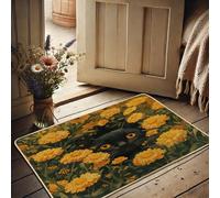 Autumn Floral Cat Doormat, Yellow Marigold Door Mat for Outdoor & Indoor Decor, Non-Slip Waterproof Dust Absorbent Mat, Easy Clean 29x17 Inch