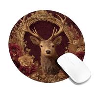 Autumn Floral Deer Desk Mouse Pad, Burgundy Gold Stitched Edge Mousepad, Rubber Non-Slip Washable Gaming Mouse Pad for Home and Office Computer, Laptop Round 8x8 Inch