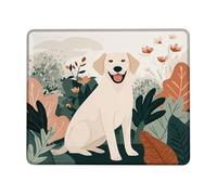 Autumn Floral Dog Mouse Pad, Beige Labrador with Green and Orange Leaves Mouse Pad, Washable Non-Slip Rubber Mouse Pad for Home Office Use, 8X Square