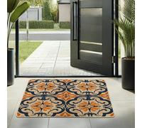 Autumn Floral Door Mat, Orange and Navy Scroll Design Indoor & Outdoor Entry Rug, Vintage Style, Non-Slip Dust Resistant Welcome Mat, Easy to Clean 29x17 Inch