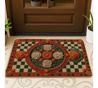 Autumn Floral Door Mat, Orange Green Checkered Doormat for Indoor & Outdoor Entryway Vintage Decor, Rubber Waterproof Non-Slip Dust Absorbent Front Mats, Easy Clean 29x17 Inch