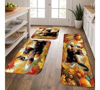 Autumn Floral Kitchen Mats for Floor, Cute Cat Design Soft Mats, Cushioned Comfort Washable Non Slip Decor Rugs for Kitchen Sinks Laundryroom Bathroom 3Pcs
