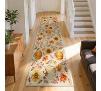Autumn Floral Kitchen Runner Rug 80x200cm Watercolor Sunflower Pumpkin | Maple leaf Pattern Carpet Runner Non-Slip Machine washable Vintage Cream Floor Mat forLounge Office Corridor