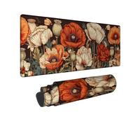 Autumn Floral Large Gaming Mouse Pad, Orange White Poppy Flowers Stitched Edge Mousepad, Rubber Non-Slip Washable Gaming Mouse Pad for Home and Office Computer, Laptop 12x32 Inch
