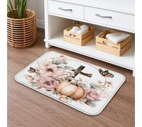 Autumn Floral Quick Dry Bath Mat, Vintage Pumpkin and Rose Absorbent Non Slip Shower Mat, Rustic Memory Foam Washable Bath Rugs for Bathroom Toilet Restroom Decorative 20x32 Inch