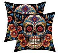 Autumn Floral Skull Pillow Covers Set of 2, Black and Colorful Sugar Skull Throw Pillows Case, Decorative Square Dia de Los Muertos Decor Cushion Covers for Home Sofa Bed Couch 18x18 Inch