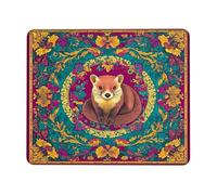 Autumn Floral Wildlife Mouse Pad, Vibrant Red Green Flower Design with Bear, Non-Slip Washable Mat for Gaming and Home Office Square 8x10 Inch