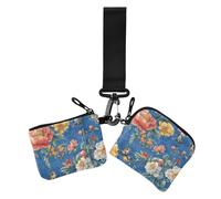 Autumn Flowers Peonies Snapdragon Butterflies Bees Birds Blue_2 Women's Dual Wallets Business Card Cases Large Capacity Card Wallet Money Organizer with Keychain for Lady 2 Pcs, autumn Flowers