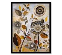 Autumn Folk Art Abstract Wildflowers Painting Framed Art Print Artery8 Brown A4
