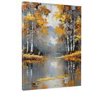 Autumn Forest Abstract Canvas Wall Art - Autumn Birch Tree Painting Golden Grey Canvas Wall Art Aesthetic Decor for Living Room Bedroom Bathroom Dorm No Frame 8 x 12 Inch