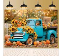 Autumn Forest Blue Truck Backdrop for Thanksgiving Day Baby Shower Friendsgiving Party Decorations Pickup Truck Full of Sunflowers and Pumpkins Harvest Festival Background 9x6ft