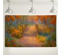 Autumn Forest Bridge Backdrop, Colorful Nature Scenery Photo Background for Fall Events, Perfect for Thanksgiving and Outdoor Gatherings 71x43 Inch