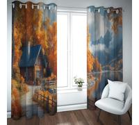 Autumn Forest Cabin Blackout Curtains Golden Yellow Tree Lake Landscape Window Drapes Rustic Nature Oil Painting Style Decor for Living Room 2 Panels (each W66xL90in)