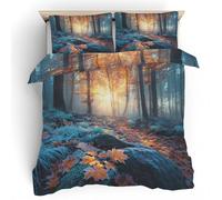 Autumn Forest Duvet Cover Superking Size, Natural Scenery Print Bedding Set, Soft Microfiber Maple Leaves Comforter Cover with 2 Pillowcases, with Zipper Closure & Corner Ties