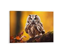 Autumn Forest Framed Canvas Wall Art W/Fall Owl with Yellow Eyes, Maple Tree Branch Farmhouse Wall Decor Poster, Wall Hanging Artwork for Living Room, 45x60CM, Give Thanks Gifts
