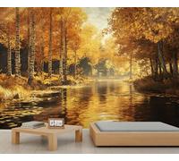 Autumn Forest Mural Wallpaper, Birch Tree Wall Mural, Fall Leaves Bedroom Wallpaper, Forest Wall Decor,150x105cm (Not Peel n' Stick)