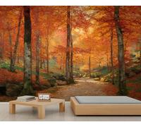 Autumn Forest Path Mural Wallpaper Fall Orange Red Maple Leaf Wallpapers Tree Landscape Boys Wallpaper Nature Wilderness Rustic Zen Scenery Wall Paper for Kids Bedroom Living Room Mural 200X140cm