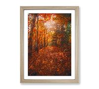 Autumn Forest Pathway In Abstract Modern Framed Wall Art Print, Ready to Hang Picture for Living Room Bedroom Home Office Décor, Oak A4 (34 x 25 cm)