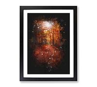 Autumn Forest Pathway Paint Splash Modern Framed Wall Art Print, Ready to Hang Picture for Living Room Bedroom Home Office Décor, Black A4 (34 x 25 cm)