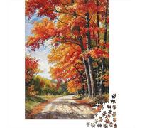 Autumn Forest Road 1000 Piece Thick Cardboard Red Maple Forest Art Jigsaw Puzzle for Lovers Precise Cutting Minimal Dust Game Night Smooth Finish 38x26cm/1000pcs