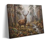 Autumn Forest Stag Deer Mountain Cabin Stream Landscape Canvas Poster Wall Art Print Nature Decor 16x24inch