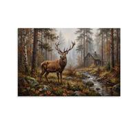Autumn Forest Stag Deer Mountain Cabin Stream Landscape Canvas Poster Wall Art Print Nature Decor 20x30inch