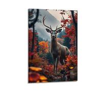 Autumn Forest Stag Poster with Maple Leaves & Woodland Wildlife Decorative Canvas Family Bedroom Artwork Picture Painting 08x12inch(20x30cm)