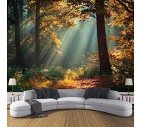 Autumn Forest Sunshine Photo Wallpaper Fantasy Landscape Wall Mural Silk Cloth Decor Art Poster Picture, Yellow-Green Print Photo Wallpaper for Living Room Bedroom Dorm Decor 300x210cm (WxH)